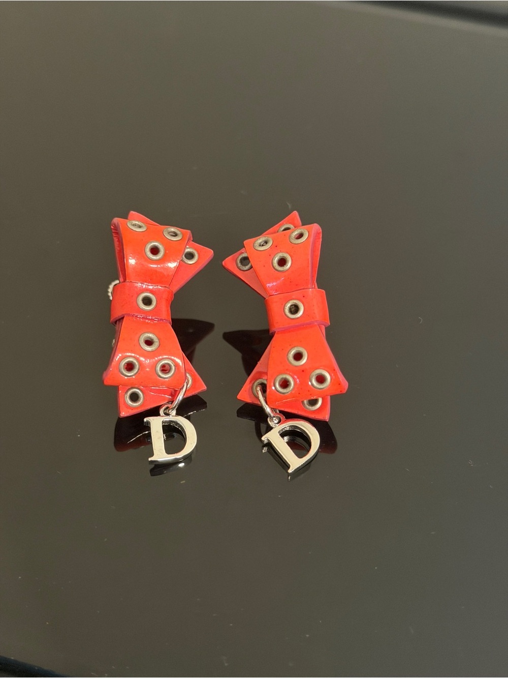 Dior Ribbon Bow Drop Clip On Earrings with Silver 'D' Charms